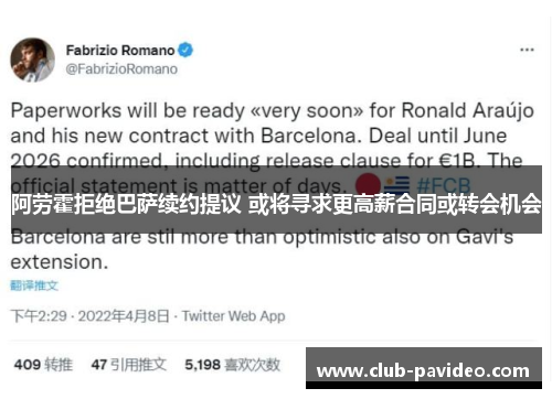 阿劳霍拒绝巴萨续约提议 或将寻求更高薪合同或转会机会