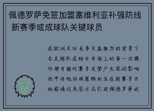 佩德罗萨免签加盟塞维利亚补强防线 新赛季或成球队关键球员
